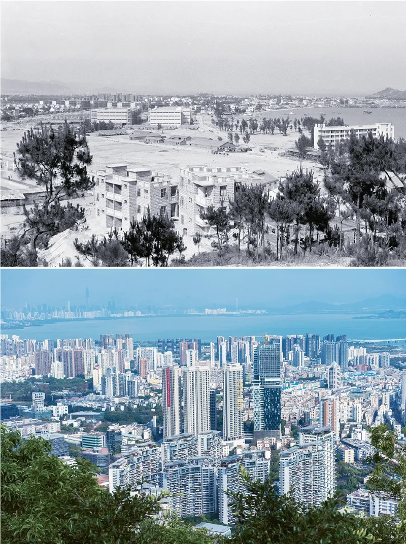 1978年12月，具有伟大转折意义的党的十一届三中全会，拉开了中国改革开放的时代大幕。改革开放40多年来，深圳从一个小渔村成长为国际性大都市，发生了翻天覆地的变化。图为拼版照片：上图为深圳蛇口工业区一瞥（1982年8月3日发，新华社记者李长永摄）；下图为广东自贸区深圳前海蛇口片区内的蛇口片区（2015年2月26日，新华社记者毛思倩摄）。